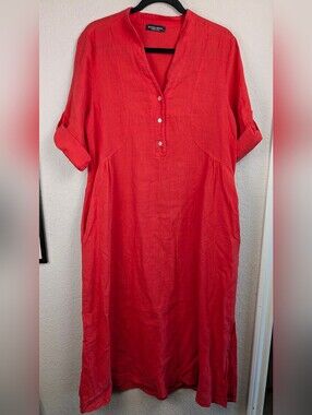 Relaxed Red Linen Midi Dress by Eileen Fisher